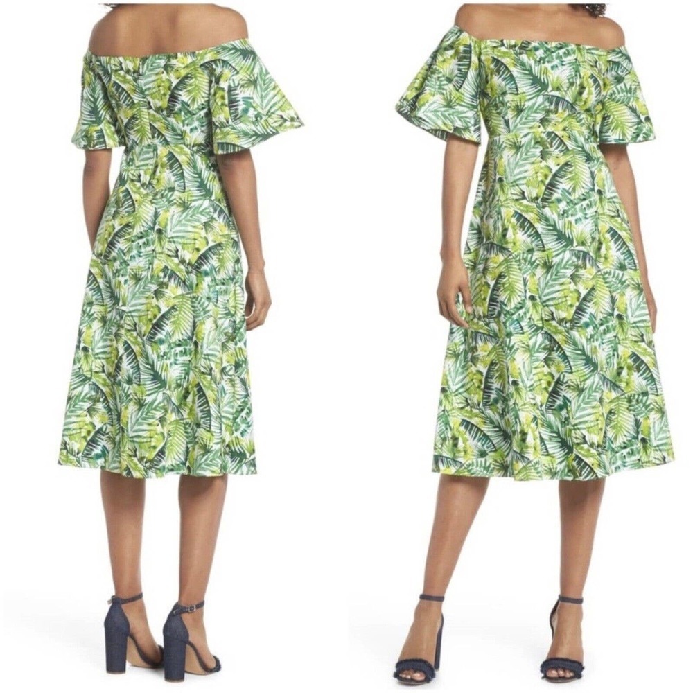 Tropical Green Off-Shoulder Midi Dress